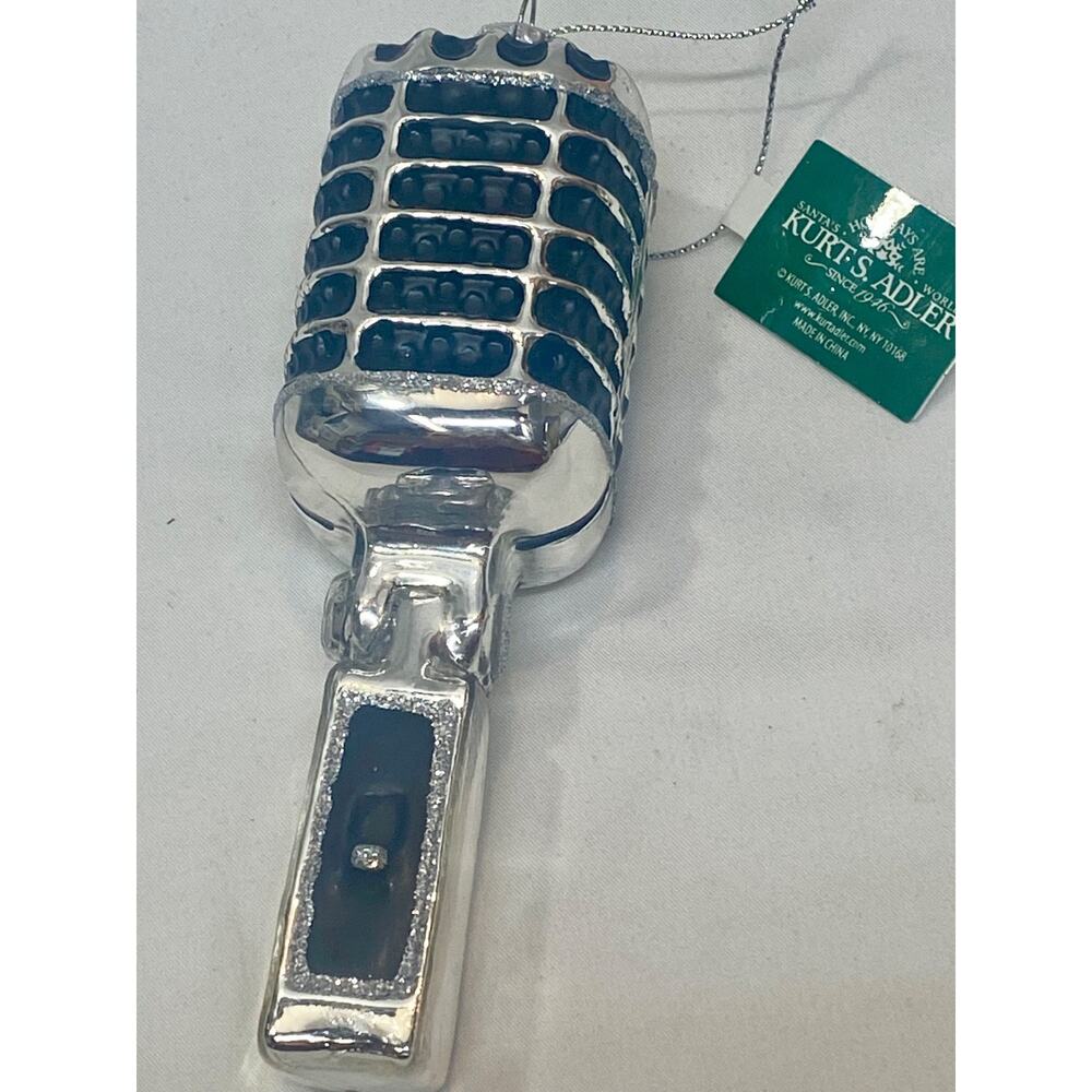 KURT ADLER 5.5" GLASS SILVER RETRO MICROPHONE CHRISTMAS ORNAMENT C6394